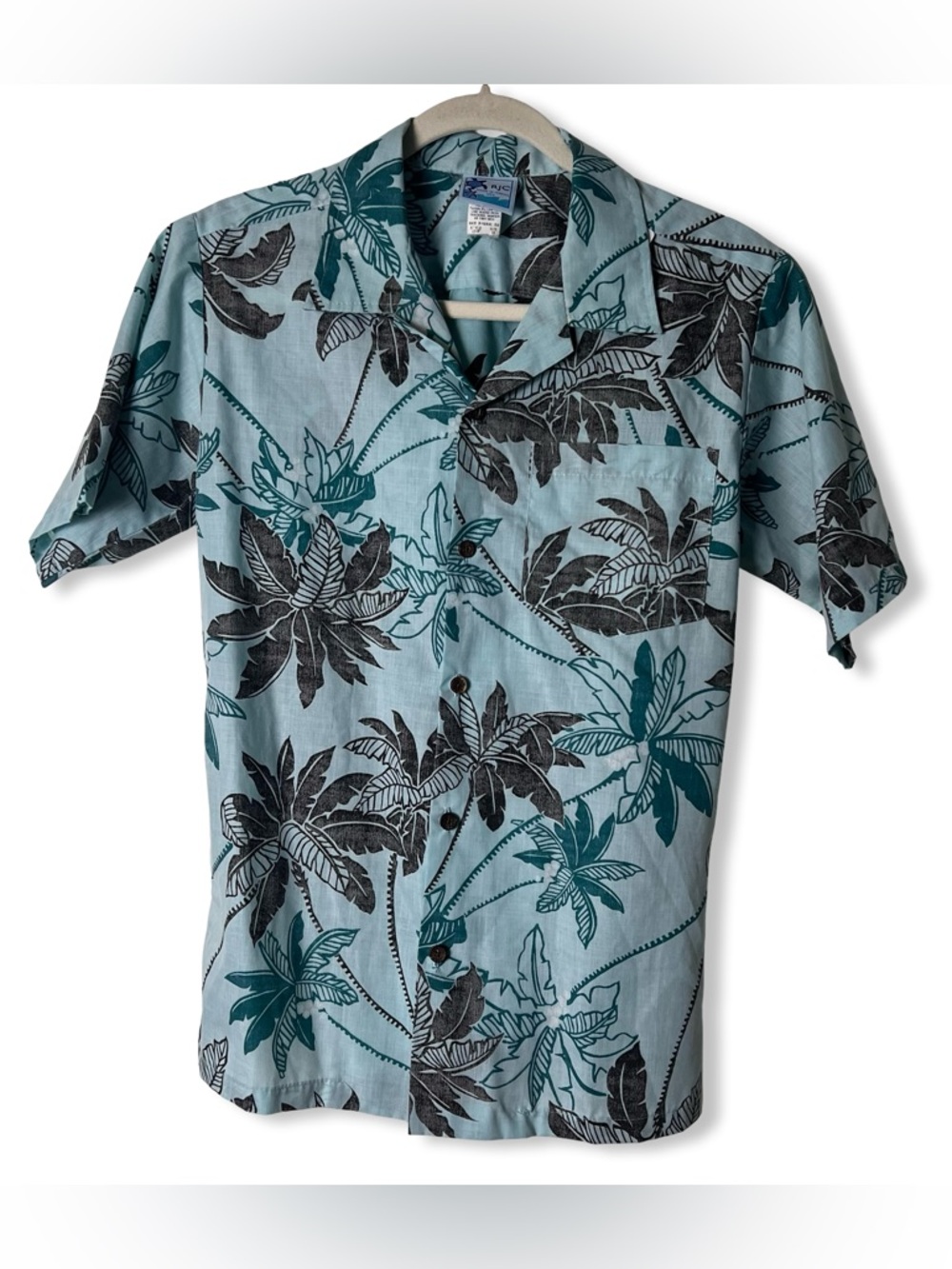 Vtg RJC Made in Hawaii Men’s Aloha Shirt Tropical Leaf Palm Print 70s 80s Sz. 18